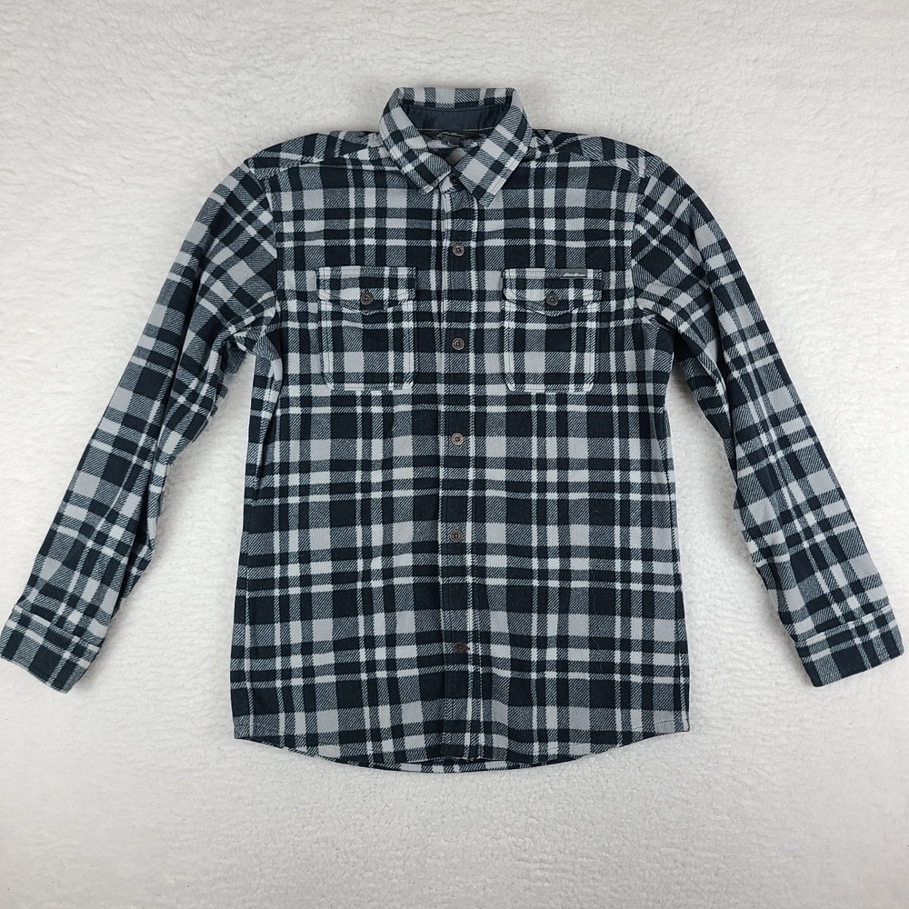 Eddie Bauer Flannel Shirt Mens Small Gray White Plaid Blanket Soft Button Down